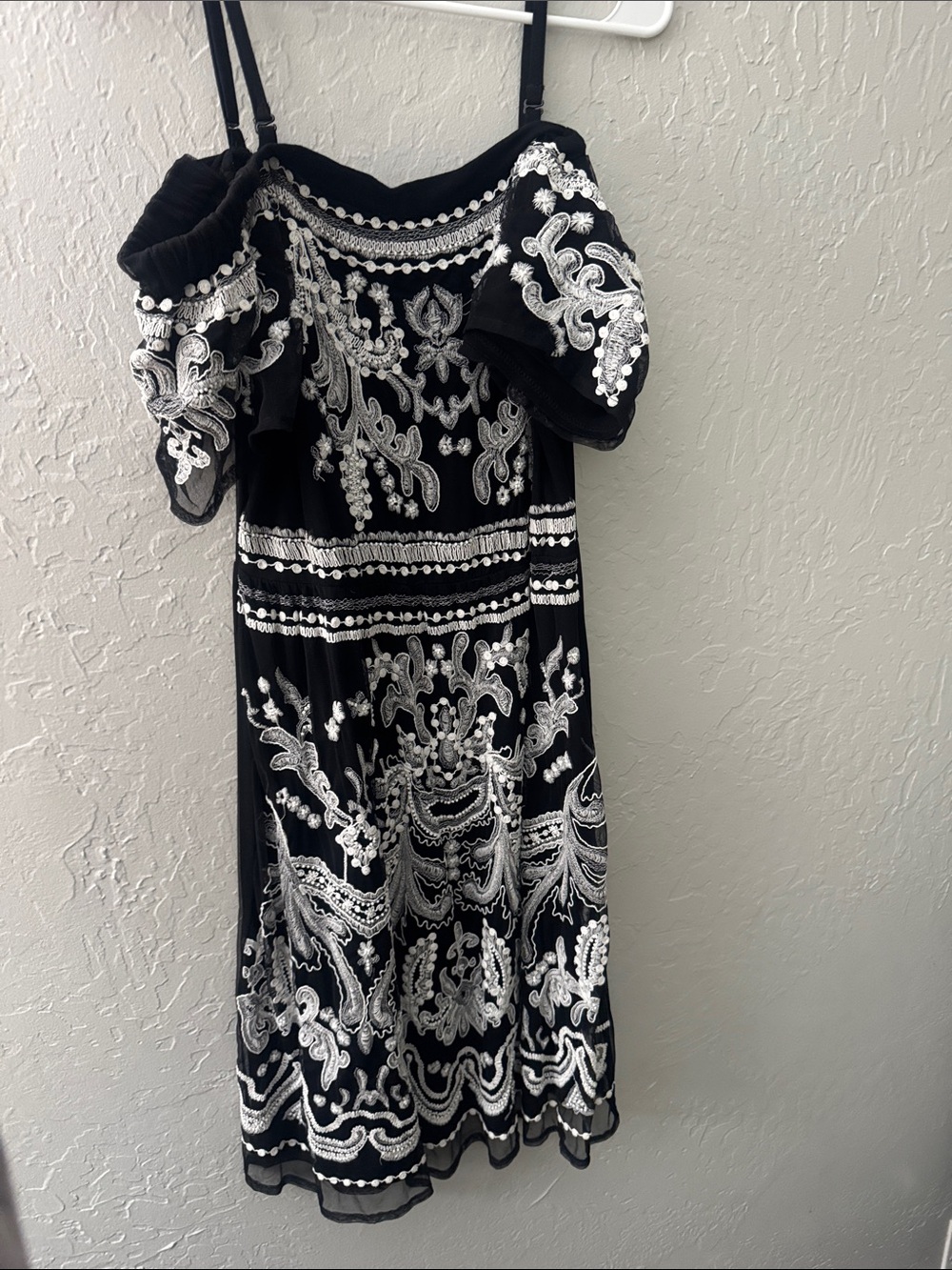 INC International Concepts Black Dress with White Embroidery One-Shoulder